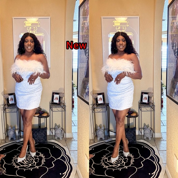 White Strapless Dress with Furry Trim - Picture 9 of 13